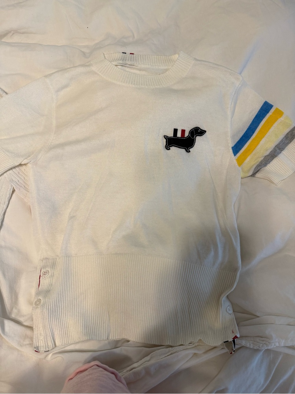 Thom Browne White Short-Sleeve Knit Top with Blue, Yellow & Gray Stripes